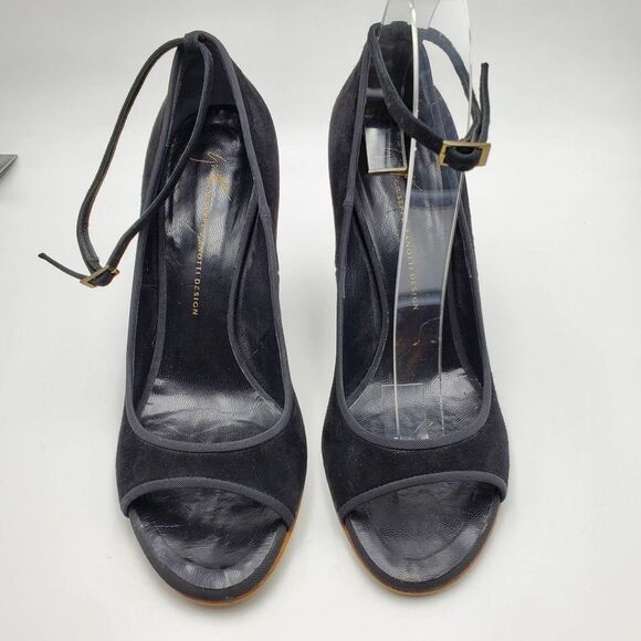 GUISEPPE ZANOTTI DESIGN women 40.5/9.5 black suede & patent wedge open toe heels - Picture 5 of 11